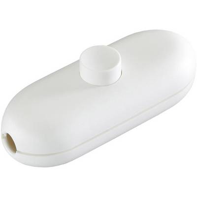 Interruttore a cursore bianco e ovale con bottone rotondo al centro, comunemente utilizzato per funzioni semplici di accensione/spegnimento su cavi.