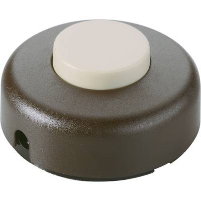 Un pulsante rotondo marrone con un bottone centrale color crema, utilizzato per attivare il suono del campanello.