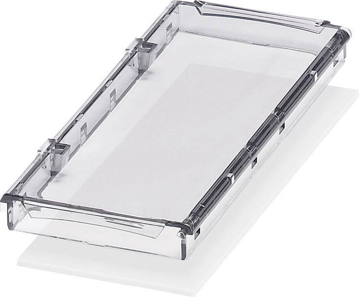 Copertura rettangolare in plastica trasparente su un piatto bianco.