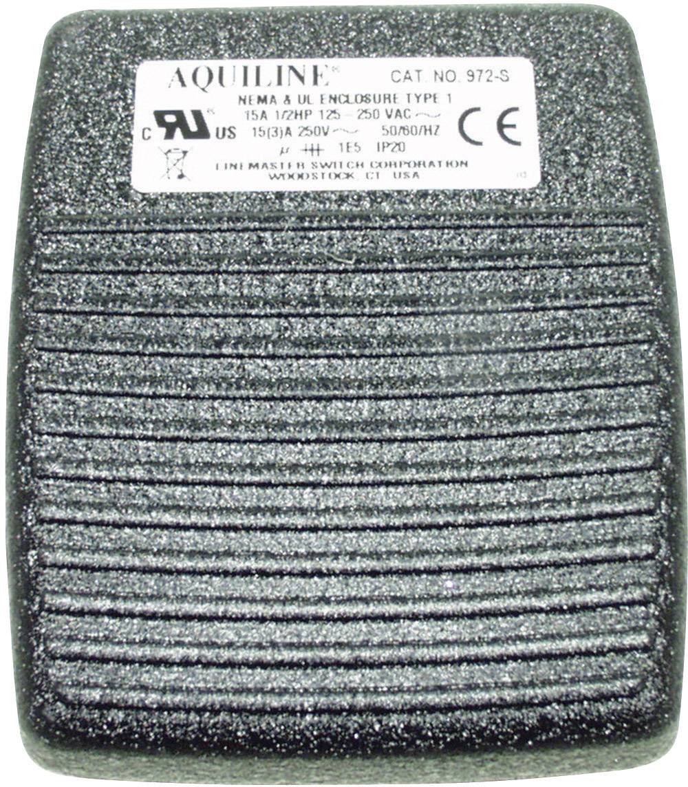 Un interruttore a pedale rettangolare, testurizzato, grigio scuro con la scritta 'CAT. NO. 972-S' e 'AQUILINE', idoneo per comandi elettrici.
