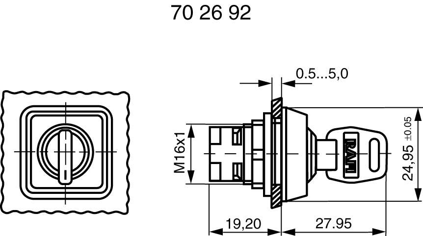 Disegno tecnico di un interruttore a chiave con misure. Contiene vista frontale e laterale, filettatura M16x1, profondità di installazione 24,95 mm.