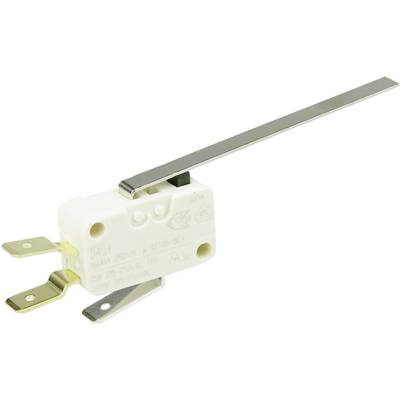 Un microinterruttore con leva, alloggiamento bianco, tre terminali metallici per saldatura. Adatto per applicazioni in dispositivi elettrici.