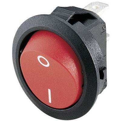 Interruttore a levetta rosso con simbolo bianco 'I' per l'accensione e simbolo 'O' per lo spegnimento. Montato in un involucro nero in plastica.