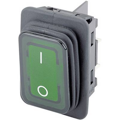 Un interruttore basculante verde con una posizione bianca 'I' (Acceso) e una posizione 'O' (Spento). L'interruttore è per dispositivi elettronici.