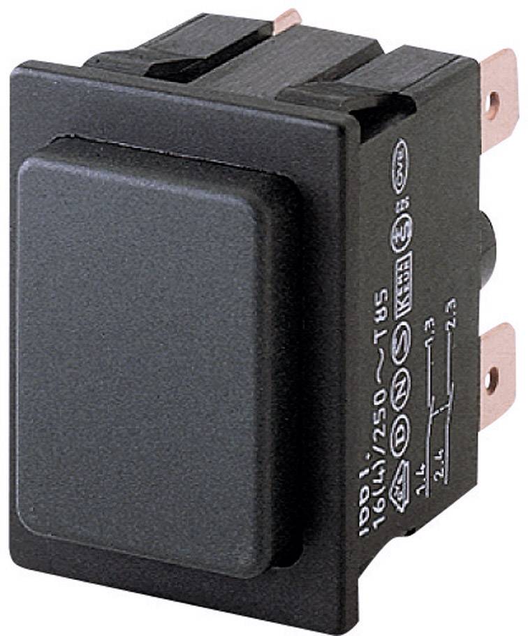 Un interruttore a levetta nero con etichetta e connessioni. Adatto per dispositivi elettrici.