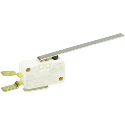 Un interruttore con leva in metallo, alloggiamento bianco e due connettori metallici. Adatto per applicazioni elettriche.