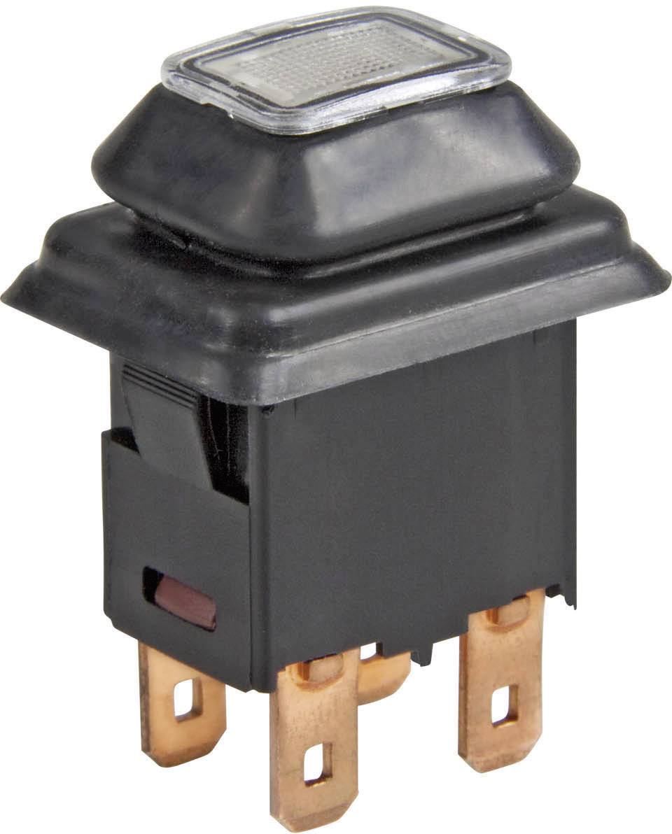 Interruttore con involucro in plastica e tre connessioni in rame.