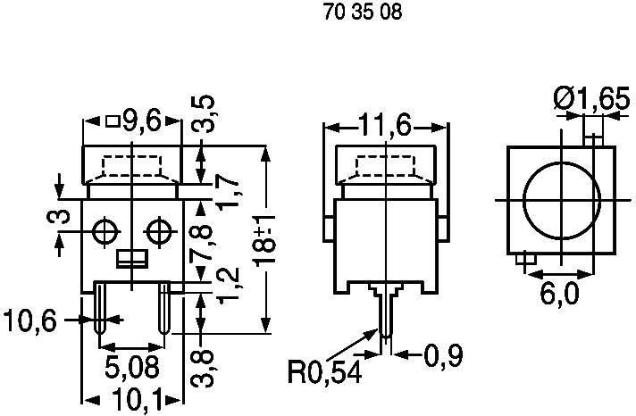 Disegno tecnico di un componente elettronico con quote in millimetri. Vista frontale, laterale e dall'alto con dimensioni dettagliate.