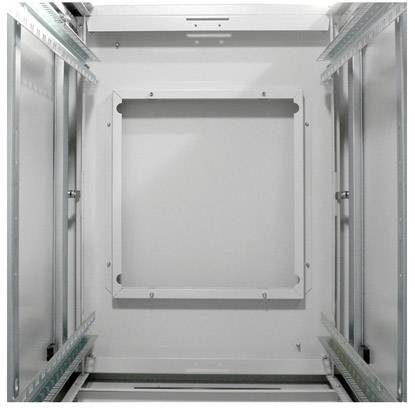 Veduta interna di un involucro metallico vuoto con un'area centrale incorniciata; idoneo per il montaggio di dispositivi elettronici.