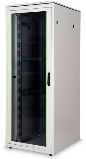 Un armadio rack server bianco con porta in vetro e maniglia nera, idoneo per la conservazione di apparecchiature IT nei data center.