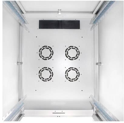 Armadio industriale con quattro griglie di ventilazione circolari sul lato interno. Utilizzato per il raffreddamento e la protezione delle apparecchiature al suo interno.