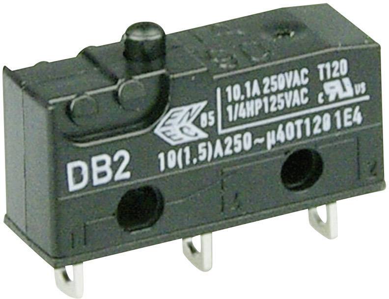 Piccolo interruttore nero a microswitch con la scritta 'DB2', specifiche tecniche e tre pin metallici per connessioni elettriche.