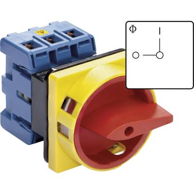 Interruttore di emergenza giallo con maniglia rossa, montato su un involucro blu. A destra, accanto ad esso, è presente un simbolo che raffigura un circuito a un polo.