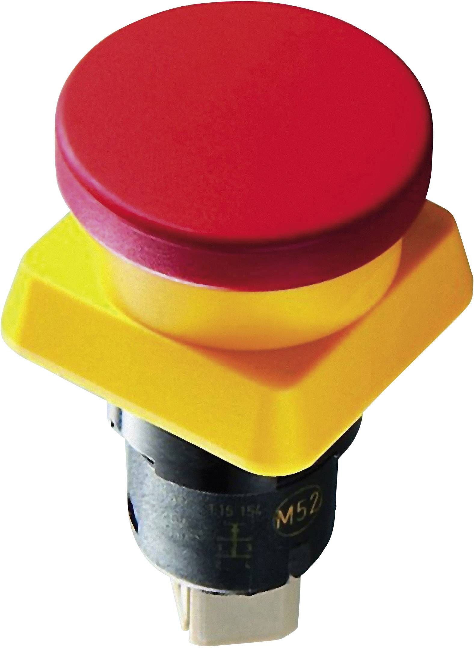 Interruttore di emergenza rosso e giallo, su sfondo bianco.
