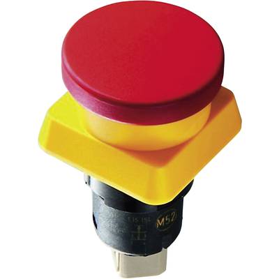 Interruttore di emergenza rosso e giallo, su sfondo bianco.