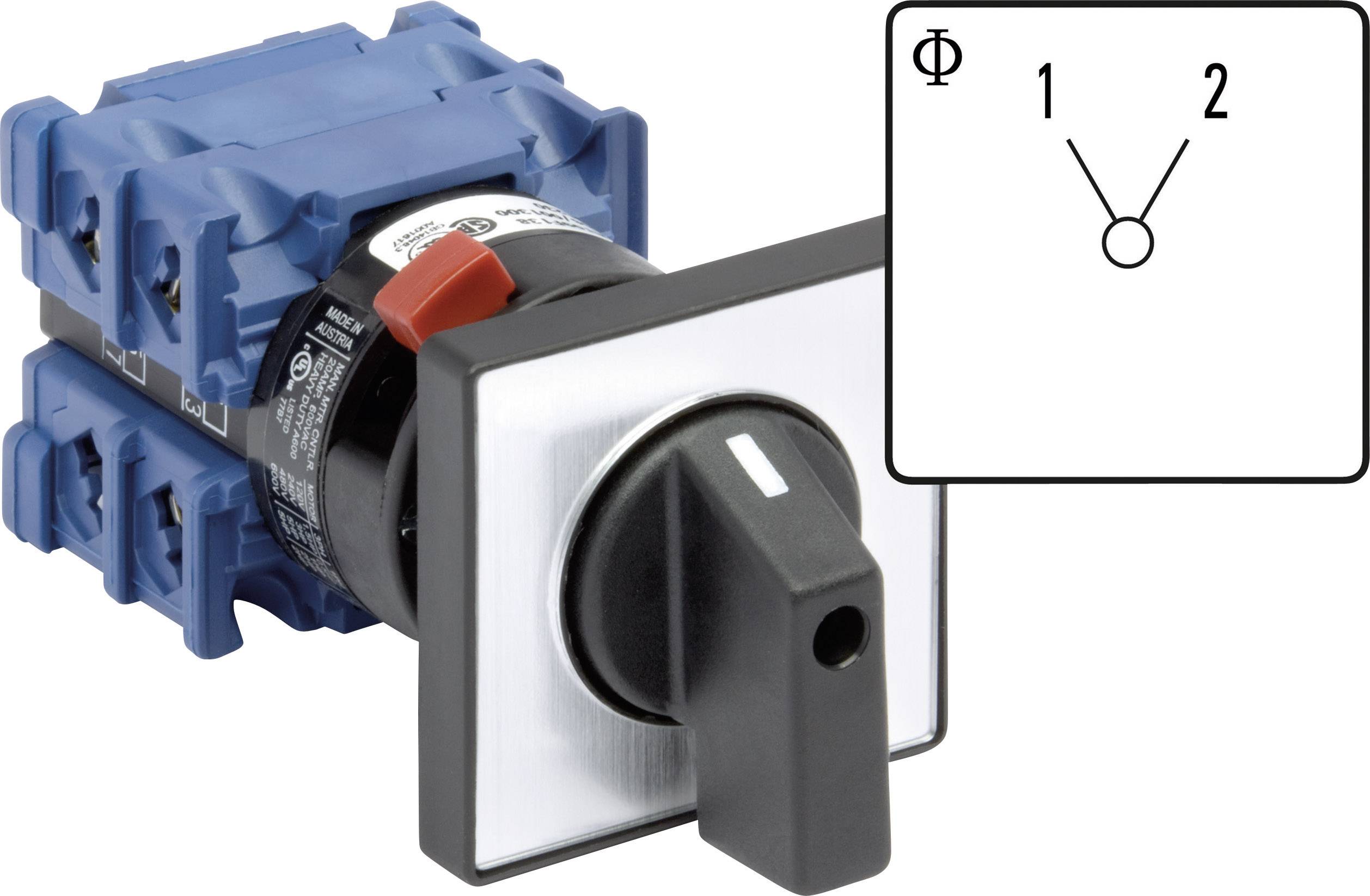Un interruttore elettrico blu con impugnatura rossa. Accanto un diagramma con le etichette: 'Φ1', '1', '2', che mostra la posizione di commutazione.
