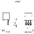 Disegno tecnico di un componente elettrico con piedini di connessione. A sinistra una sezione trasversale, a destra vista dei tre piedini.