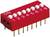 Un interruttore DIP rosso con i numeri da 1 a 8. Il primo interruttore è su 'ON', gli altri sono su 'OFF'. Utilizzato in elettronica.