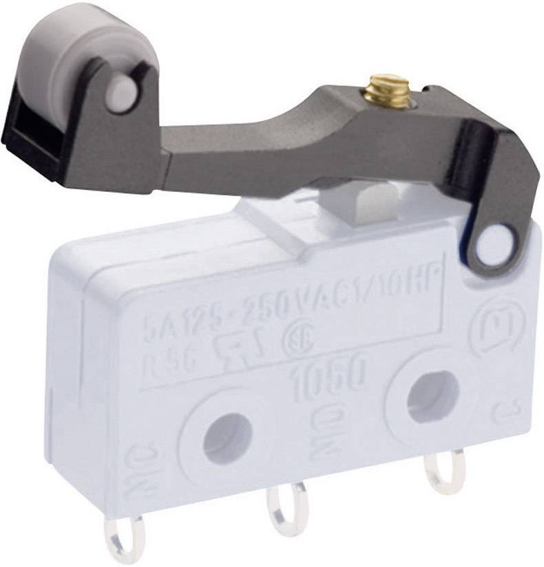 Un microinterruttore con leva e meccanismo a rullo, che mostra dettagli tecnici come tensione (250VAC) e potenza (10HP). Ideale per applicazioni di controllo precise.