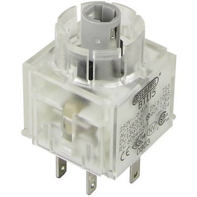 Interruttore elettrico trasparente bianco con elementi di controllo grigio-neri, che mostra specifiche tecniche per applicazioni elettriche
