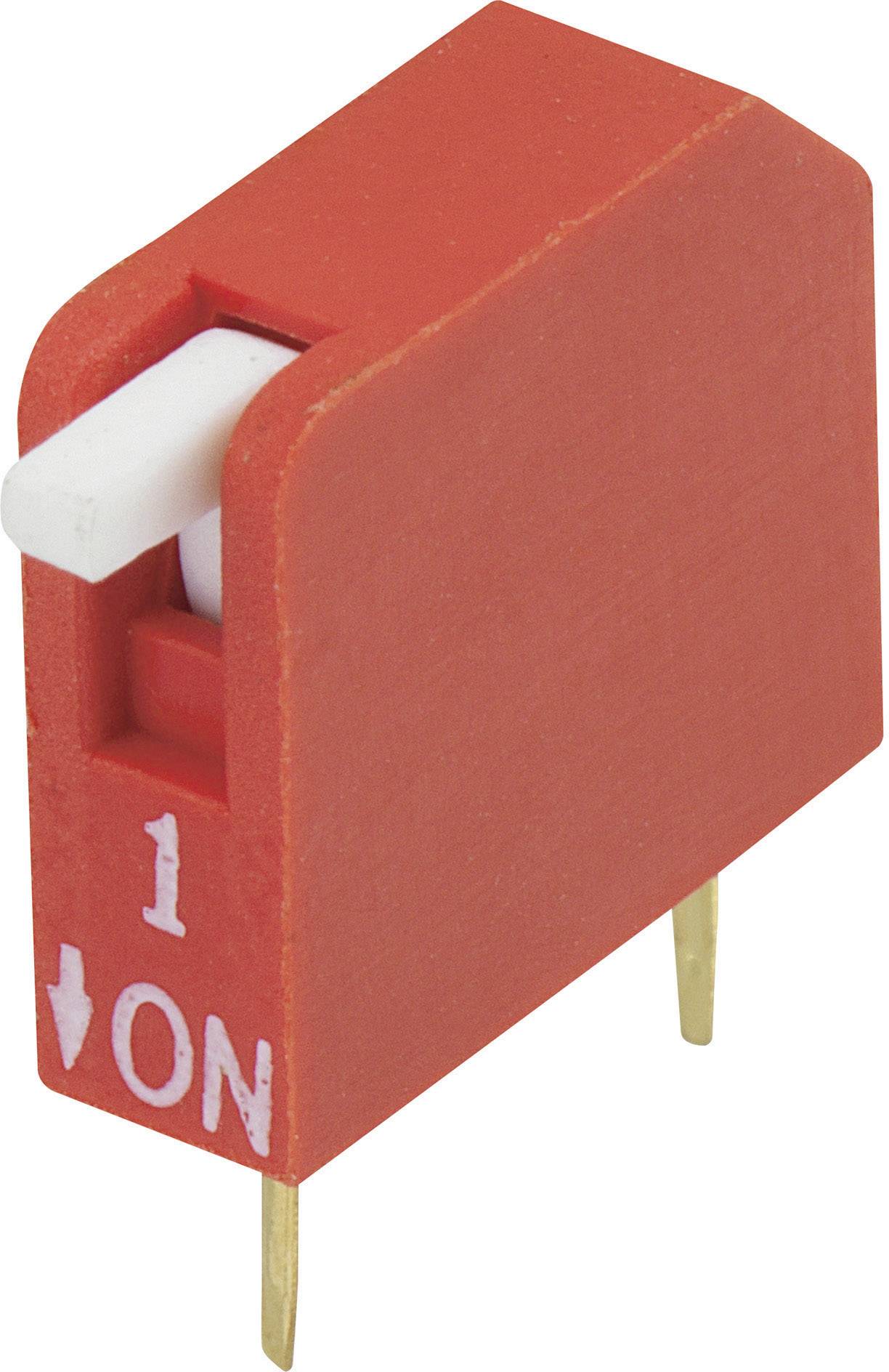 Un interruttore DIP rosso con un'asta bianca su cui sono stampati '1' e 'ON', posizionato su due piedini metallici.
