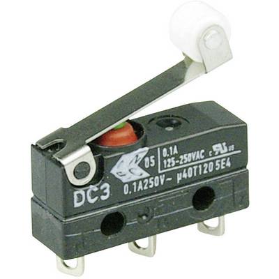 Un microinterruttore con leva e tre morsetti di connessione, con specifiche tecniche stampate come '0.1A 250V'.