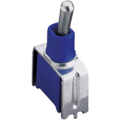 Un interruttore a levetta blu con involucro in metallo e leva argentata, pronto per essere installato in un dispositivo elettrico.