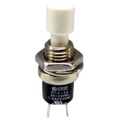 Un pulsante rotondo con involucro metallico e bottone in plastica. Sono riportate specifiche tecniche stampate, come la tensione di commutazione.