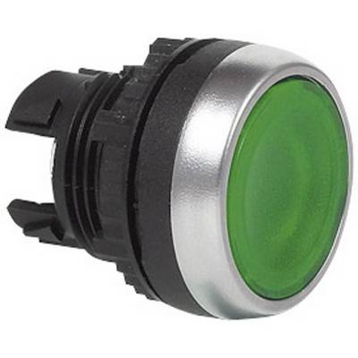 Un pulsante circolare verde con bordo argentato, montato su una base nera, comunemente utilizzato in dispositivi elettronici.