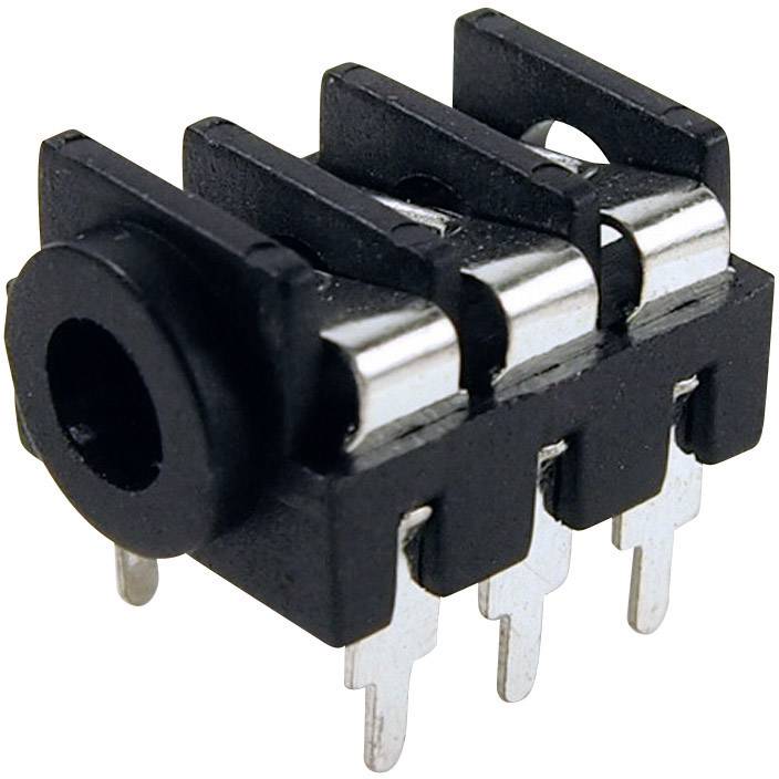 Componente elettronica: Connettore a 4 pin, forma rettangolare, realizzato in plastica nera e metallo, utilizzato per componenti audio.