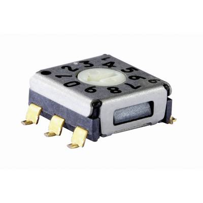 Un interruttore rotativo quadrato con ingranaggi, contrassegnato con i numeri da 1 a 9, mostra quattro connettori metallici sul lato.