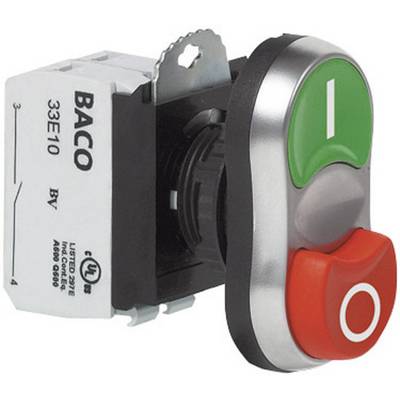 Un interruttore con pulsante verde 'I' per l'accensione e pulsante rosso 'O' per lo spegnimento. L'interruttore è della marca BACO, modello 33E10.