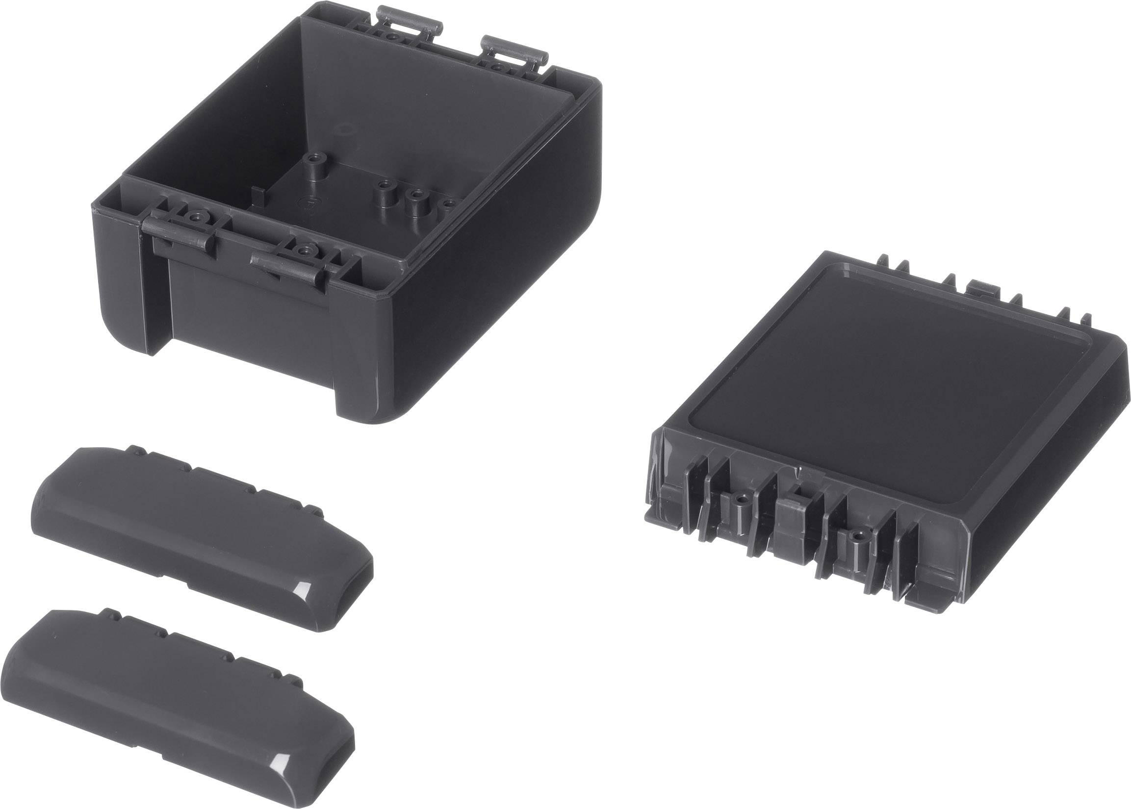 Due parti del telaio nere e due coperture nere che possono essere assemblate per formare un contenitore elettronico quadrato.