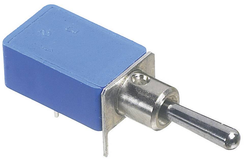 Un interruttore basculante blu con leva metallica e alloggiamento rettangolare. Viene utilizzato per il controllo di dispositivi elettronici.