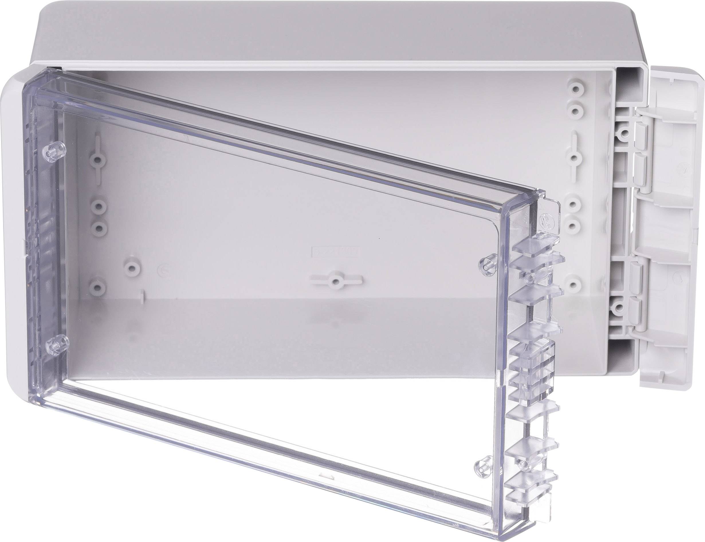 Un involucro rettangolare grigio in plastica con un coperchio trasparente e ribaltabile.