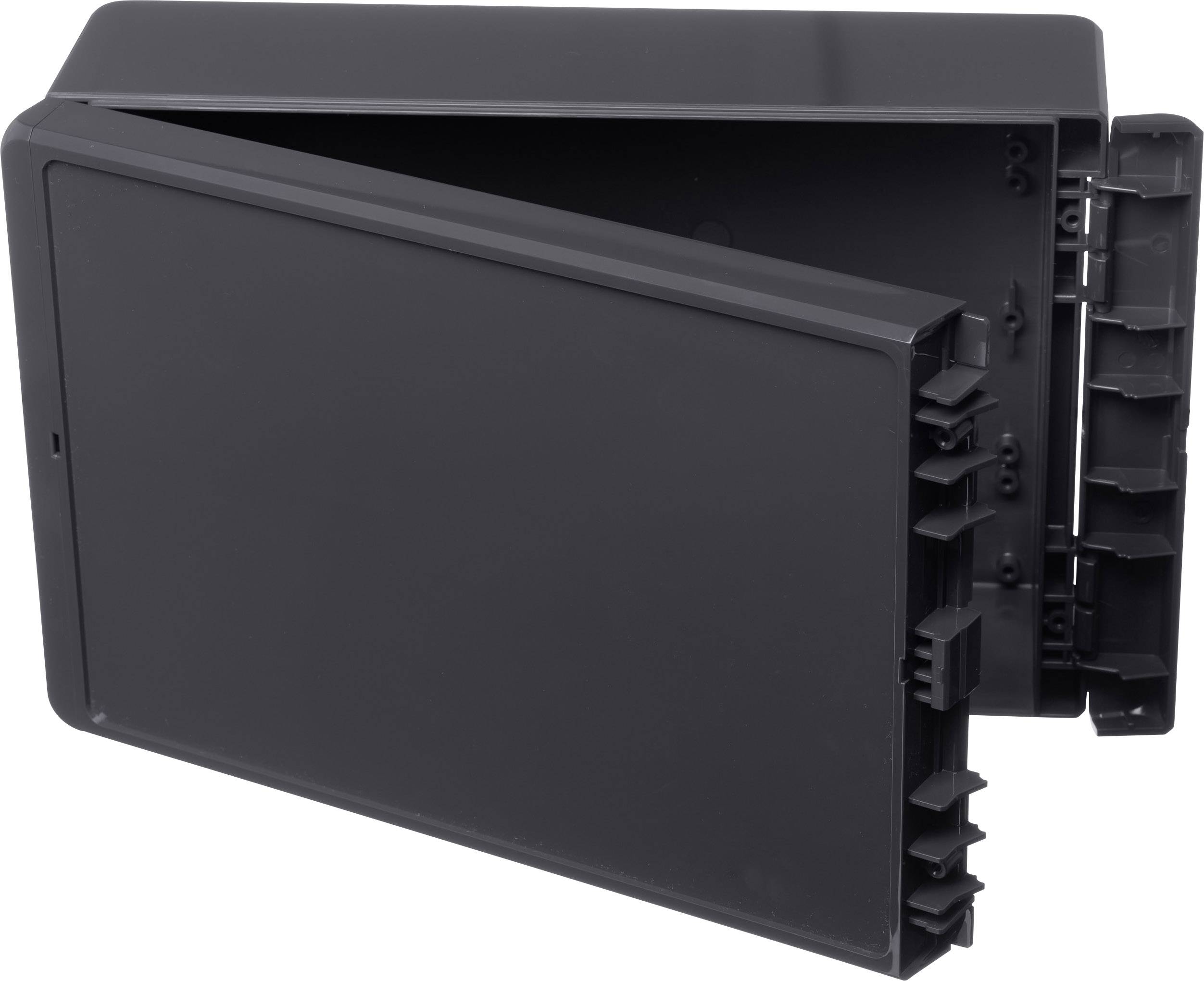 Un involucro nero e rettangolare, aperto, mostra i supporti e i fermagli interni. Utilizzato per componenti elettronici.