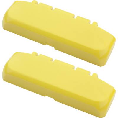 Due coperture in plastica gialla con bordi arrotondati e rientranze sulla superficie superiore, disposte una accanto all'altra.