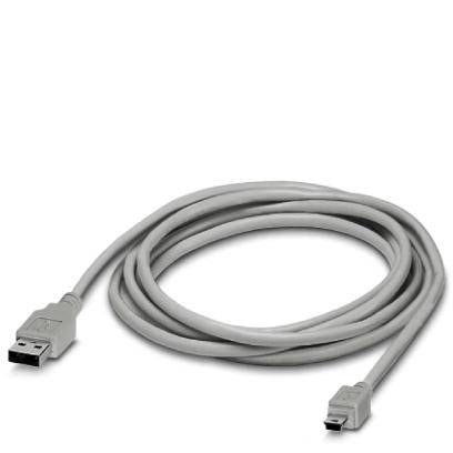 Un cavo USB grigio con un connettore USB-A standard su un lato e un connettore Mini-USB sull'altro lato, arrotolato.