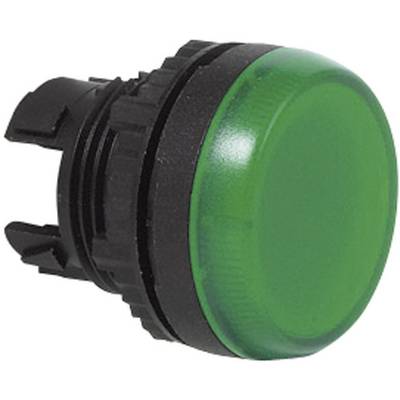 Un pulsante rotondo verde con involucro nero, adatto per sistemi di controllo industriali.
