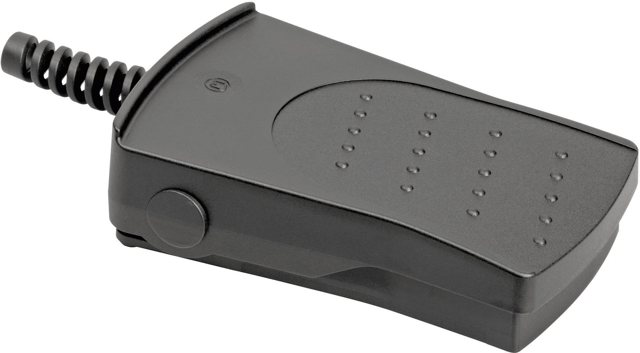 Pedale nero con superficie scanalata e cavo a spirale. Adatto al controllo di macchine o dispositivi tramite pressione del piede.