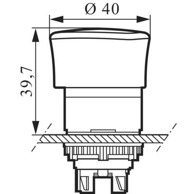Disegno tecnico di un interruttore a pulsante rotondo con le seguenti dimensioni: diametro 40 mm e altezza 39,7 mm.
