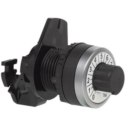 Un pulsante nero con scala numerica da 1 a 10, montato su una staffa di fissaggio per regolazioni elettroniche.