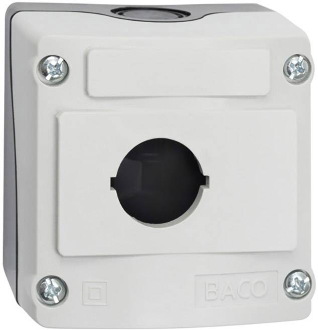 Un involucro bianco rettangolare con quattro viti e un'apertura rotonda al centro, con la scritta 'BACO'.