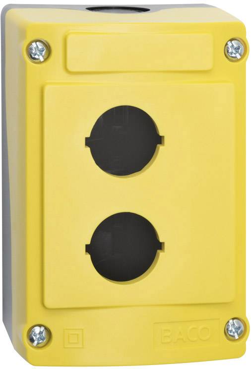 Involucro giallo con due aperture rotonde e quattro viti metalliche agli angoli, adatto per il montaggio di interruttori industriali.