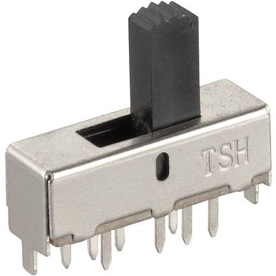 Un interruttore DIP metallico con leva nera e diversi pin di connessione. Adatto per circuiti elettronici e controlli.