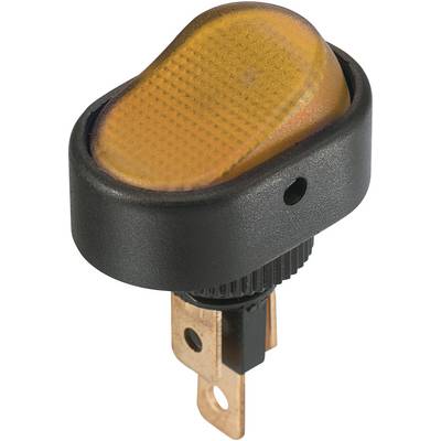 Un interruttore a levetta giallo in plastica, montato su un involucro nero, con due connettori metallici per il collegamento elettrico.