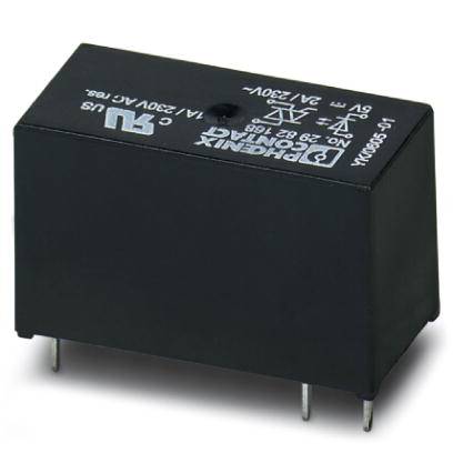 Relè elettrico nero con più pin di connessione e stampe bianche sulla superficie superiore, compresi i dati del produttore.