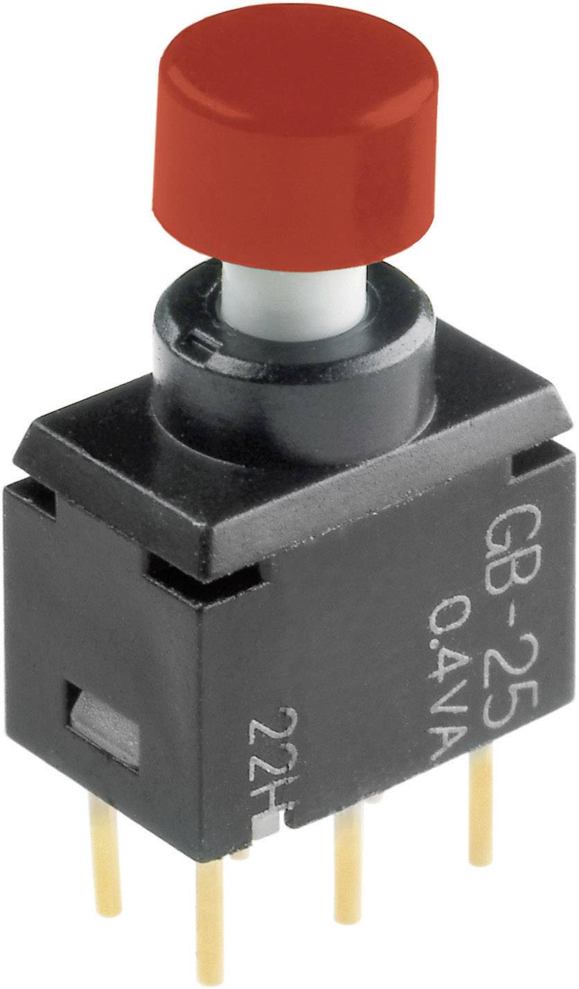 Un pulsante rosso con tre pin metallici, contrassegnato con 'GB-25 0.4VA'.