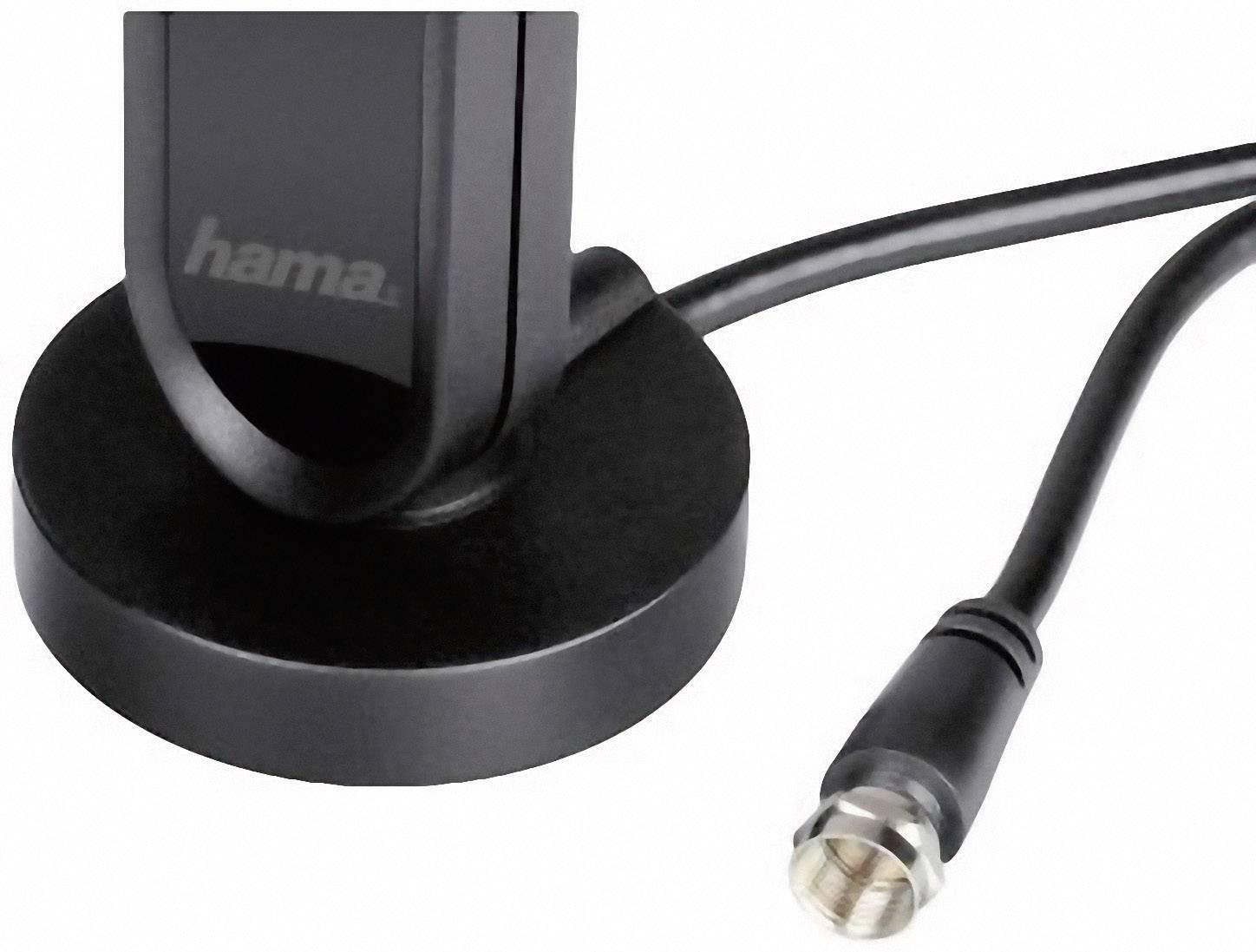 Antenna televisiva nera per cavi con base rotonda e cavo coassiale. Il marchio è visibile sulla base.