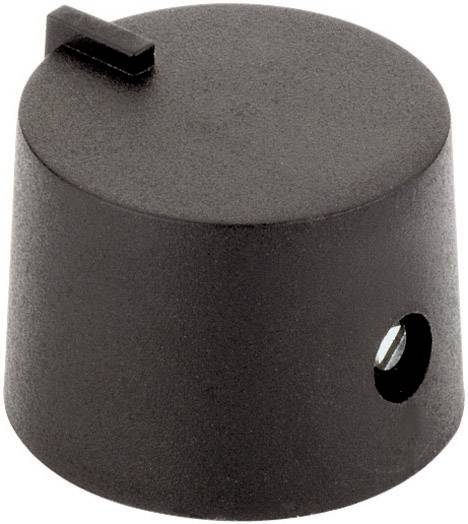 Un bottone nero rotondo con un piccolo segno bianco in alto e un foro sul lato, probabilmente per il fissaggio.